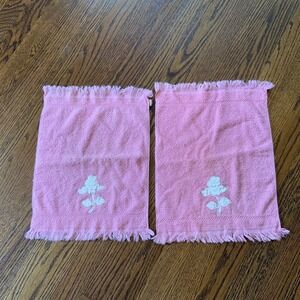 VTG Pair Retro Floral  Pink Hand Towels Callaway 60s 70s Fringe Rose Embroidered